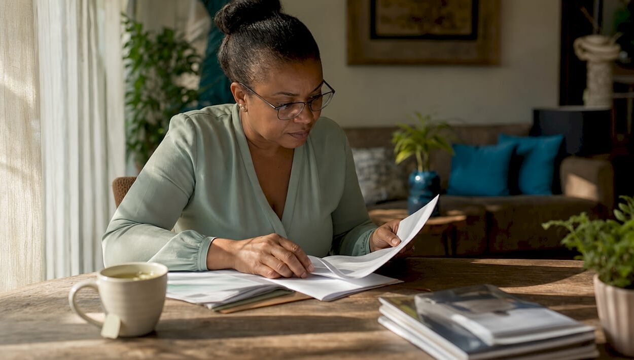 Woman reviewing passive income documents at kitchen table