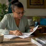 Woman reviewing passive income documents at kitchen table