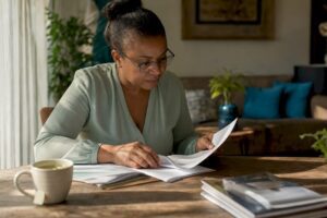 Woman reviewing passive income documents at kitchen table