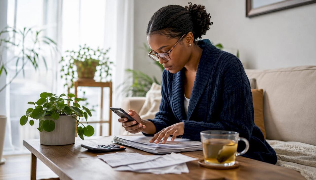 Woman reviewing credit score at kitchen table