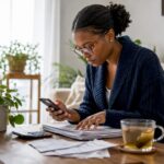 Woman reviewing credit score at kitchen table