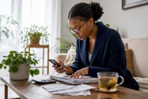 Woman reviewing credit score at kitchen table