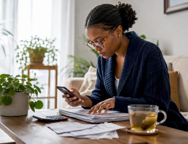 Woman reviewing credit score at kitchen table