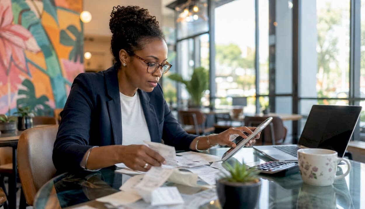 Woman organizing bills and budgeting at kitchen table