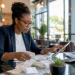 Woman organizing bills and budgeting at kitchen table