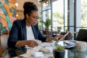 Woman organizing bills and budgeting at kitchen table