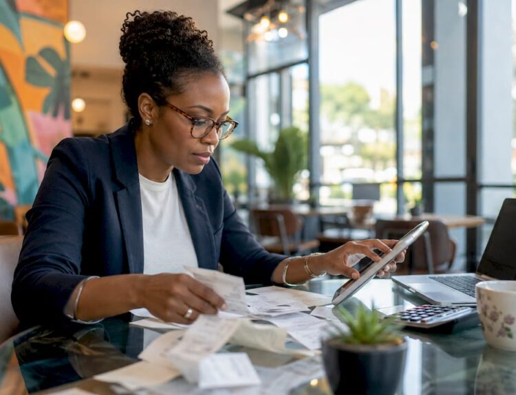 Woman organizing bills and budgeting at kitchen table
