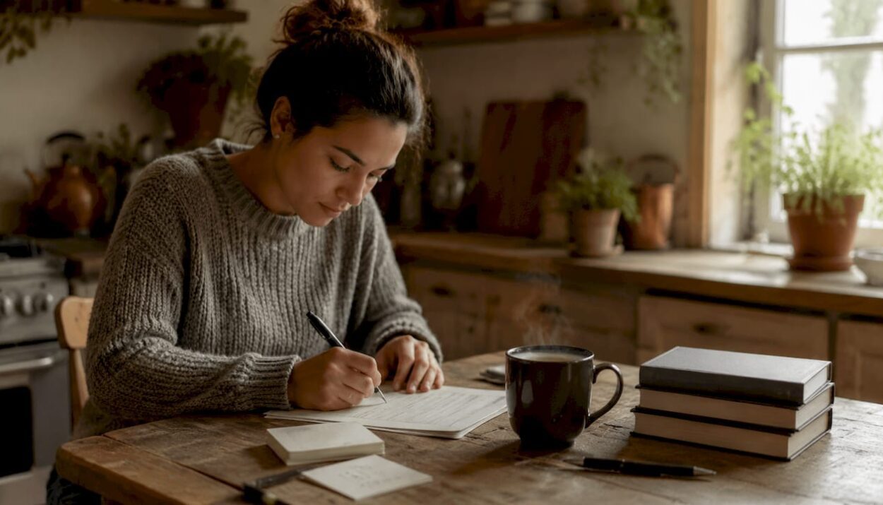 Woman completing credit application at home desk