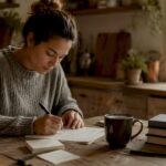 Woman completing credit application at home desk