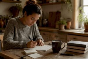 Woman completing credit application at home desk