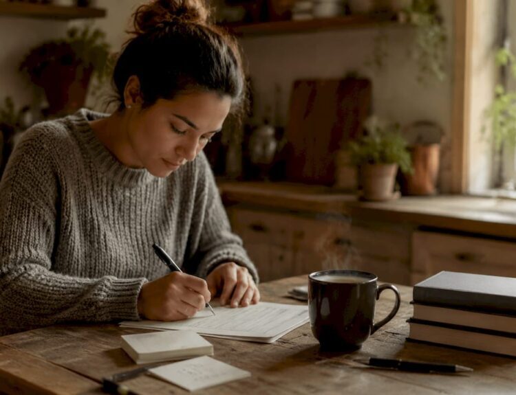 Woman completing credit application at home desk
