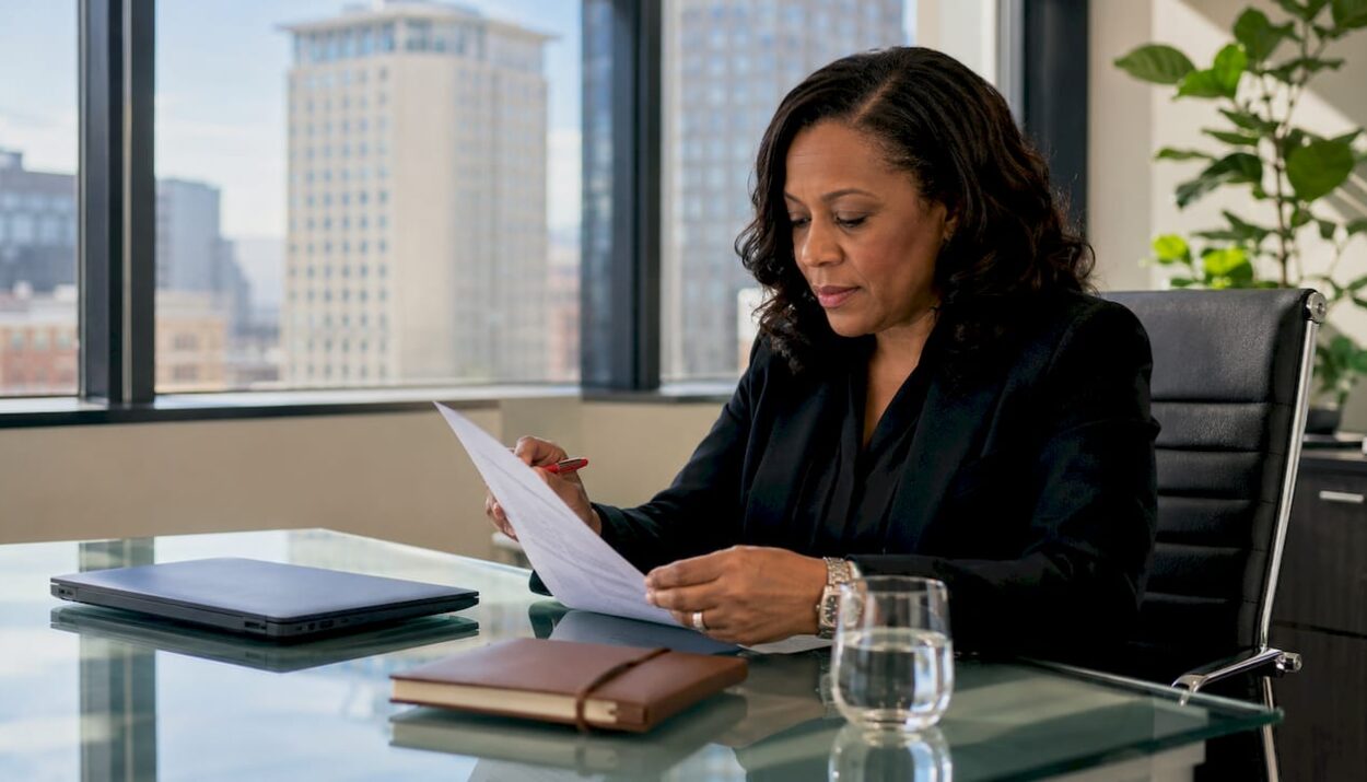 Attorney reviewing estate planning documents at desk