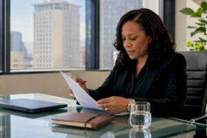 Attorney reviewing estate planning documents at desk