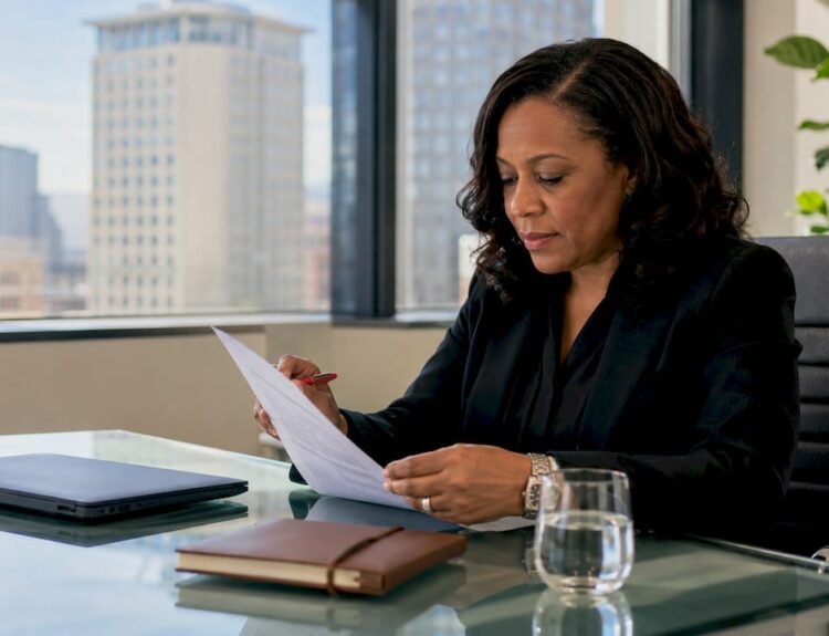 Attorney reviewing estate planning documents at desk