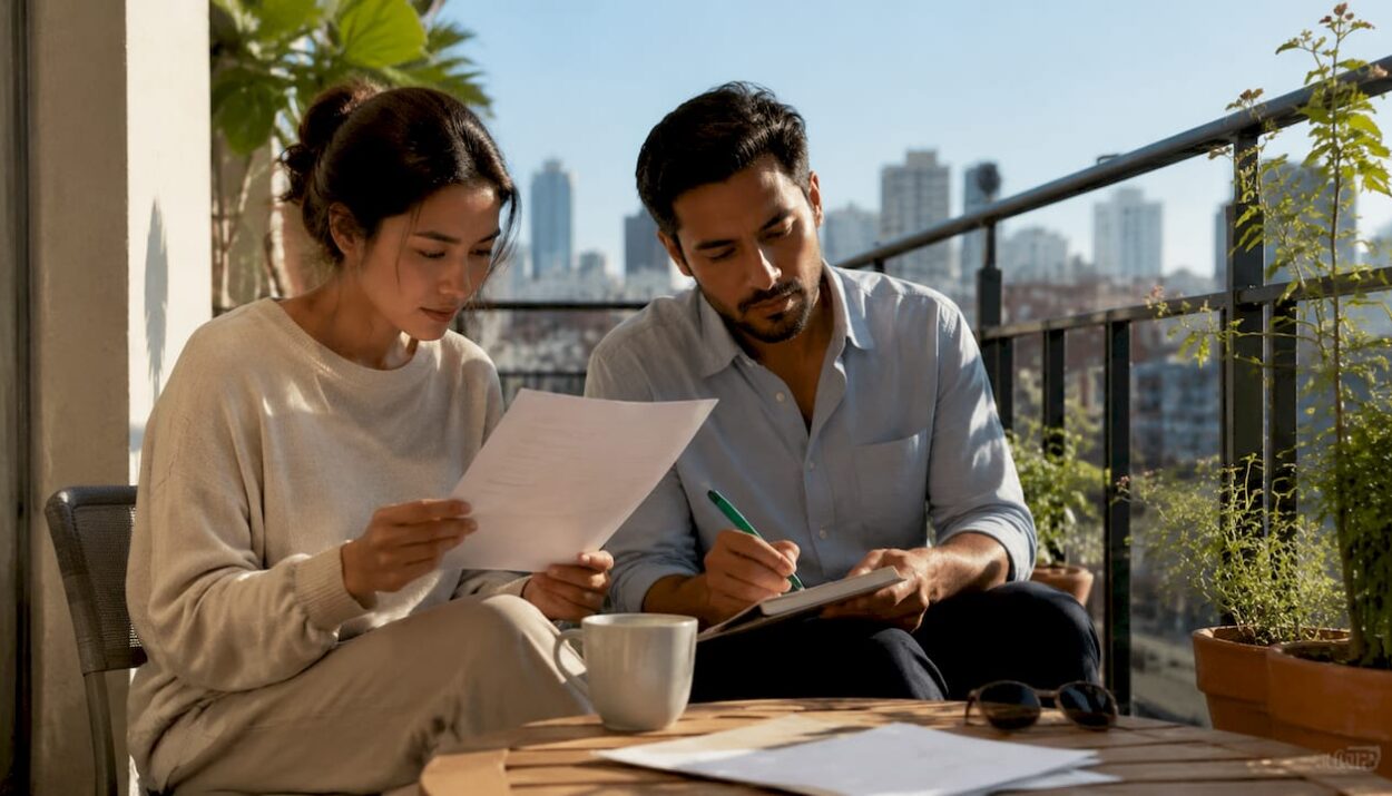 Young couple reviewing life insurance document at kitchen table