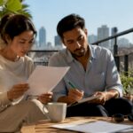 Young couple reviewing life insurance document at kitchen table