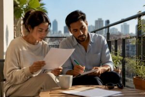 Young couple reviewing life insurance document at kitchen table
