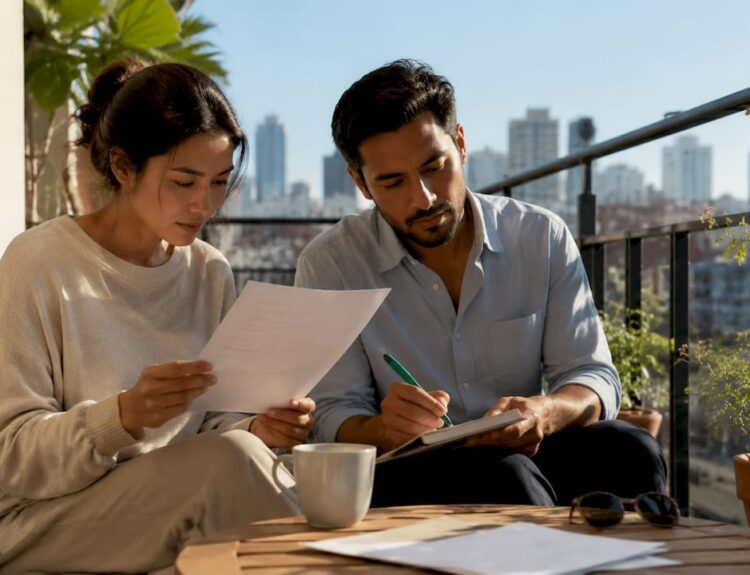 Young couple reviewing life insurance document at kitchen table
