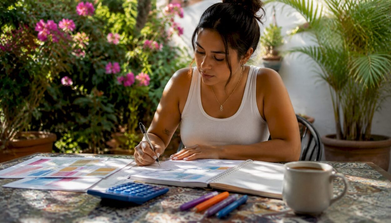 Woman reviewing debt repayment documents at kitchen table