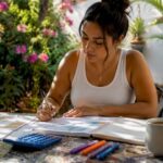 Woman reviewing debt repayment documents at kitchen table