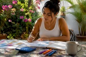 Woman reviewing debt repayment documents at kitchen table