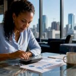 Investor calculating bond yields at office desk