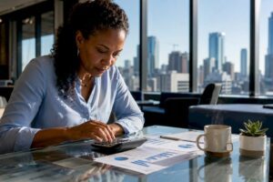 Investor calculating bond yields at office desk