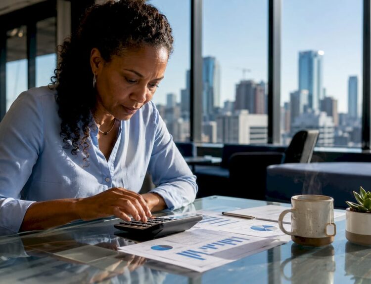 Investor calculating bond yields at office desk