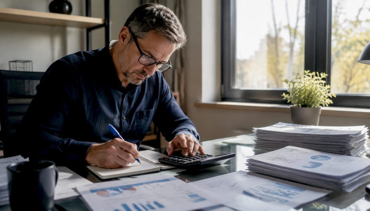 Man studying stock market documents at home