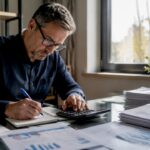 Man studying stock market documents at home