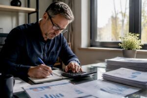 Man studying stock market documents at home