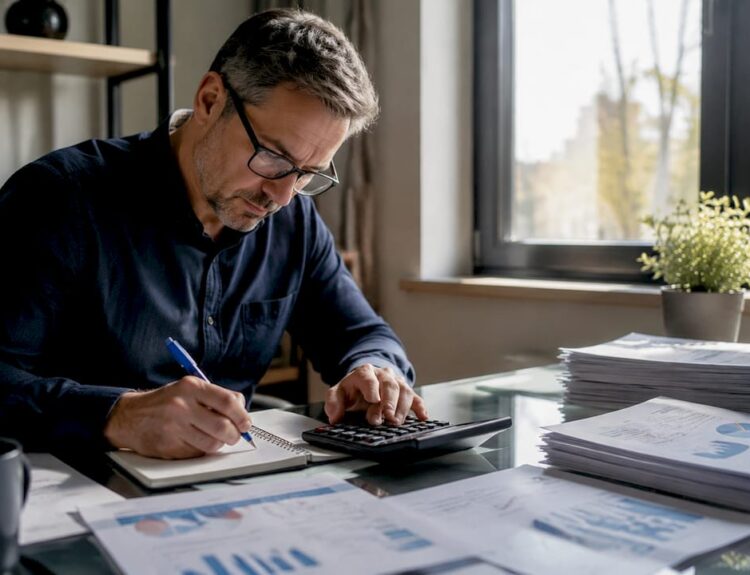 Man studying stock market documents at home