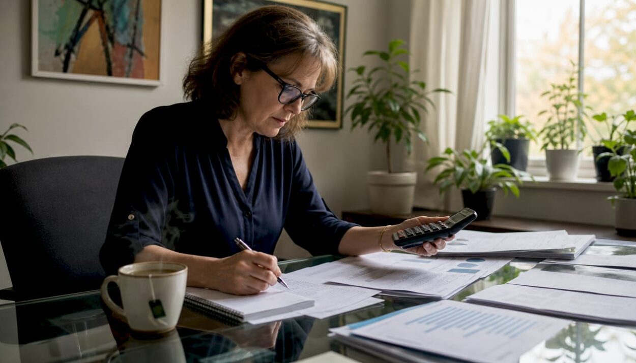 Woman reviewing finances at kitchen table