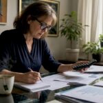 Woman reviewing finances at kitchen table