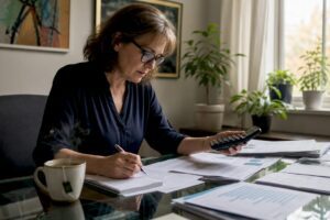 Woman reviewing finances at kitchen table