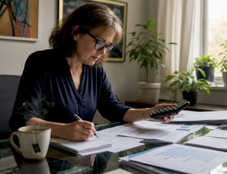 Woman reviewing finances at kitchen table