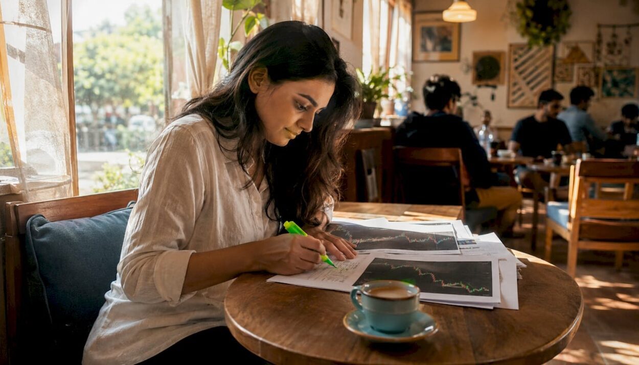 Young woman studying stock investment materials