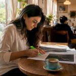 Young woman studying stock investment materials