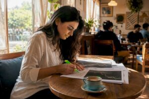 Young woman studying stock investment materials