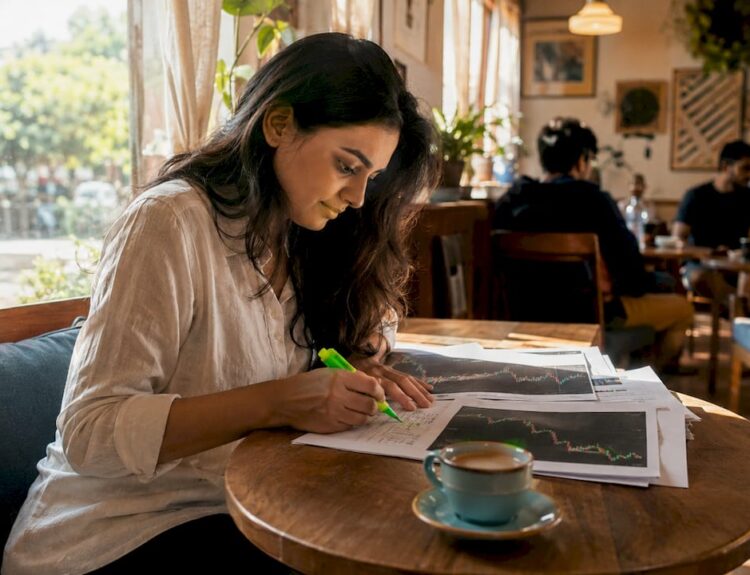 Young woman studying stock investment materials