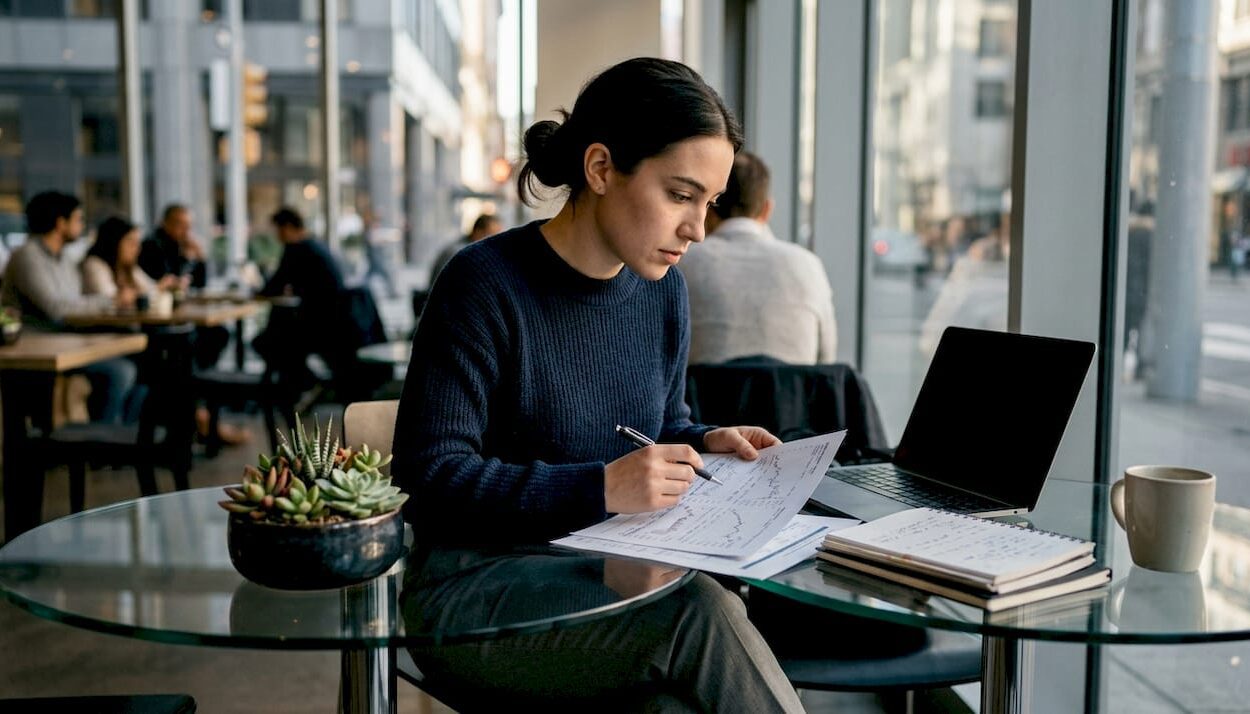Young woman studying stock market charts at kitchen table