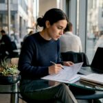 Young woman studying stock market charts at kitchen table