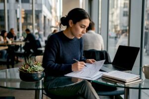 Young woman studying stock market charts at kitchen table