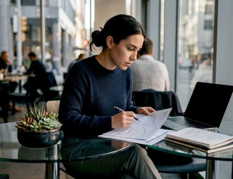 Young woman studying stock market charts at kitchen table