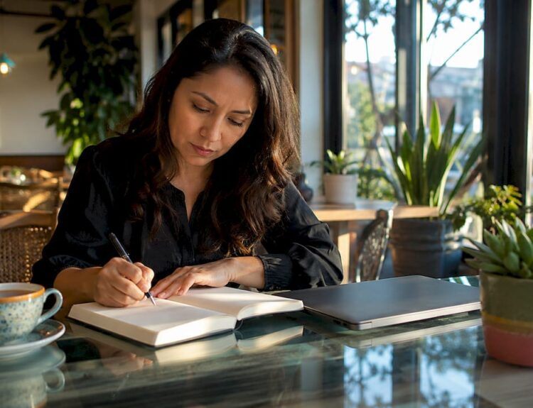 Woman budgeting at home office desk
