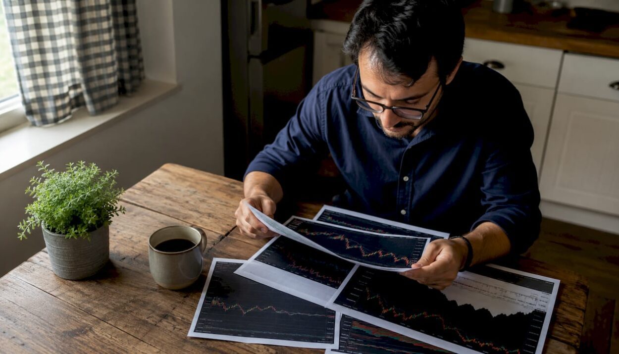 Investor studying printed stock market charts