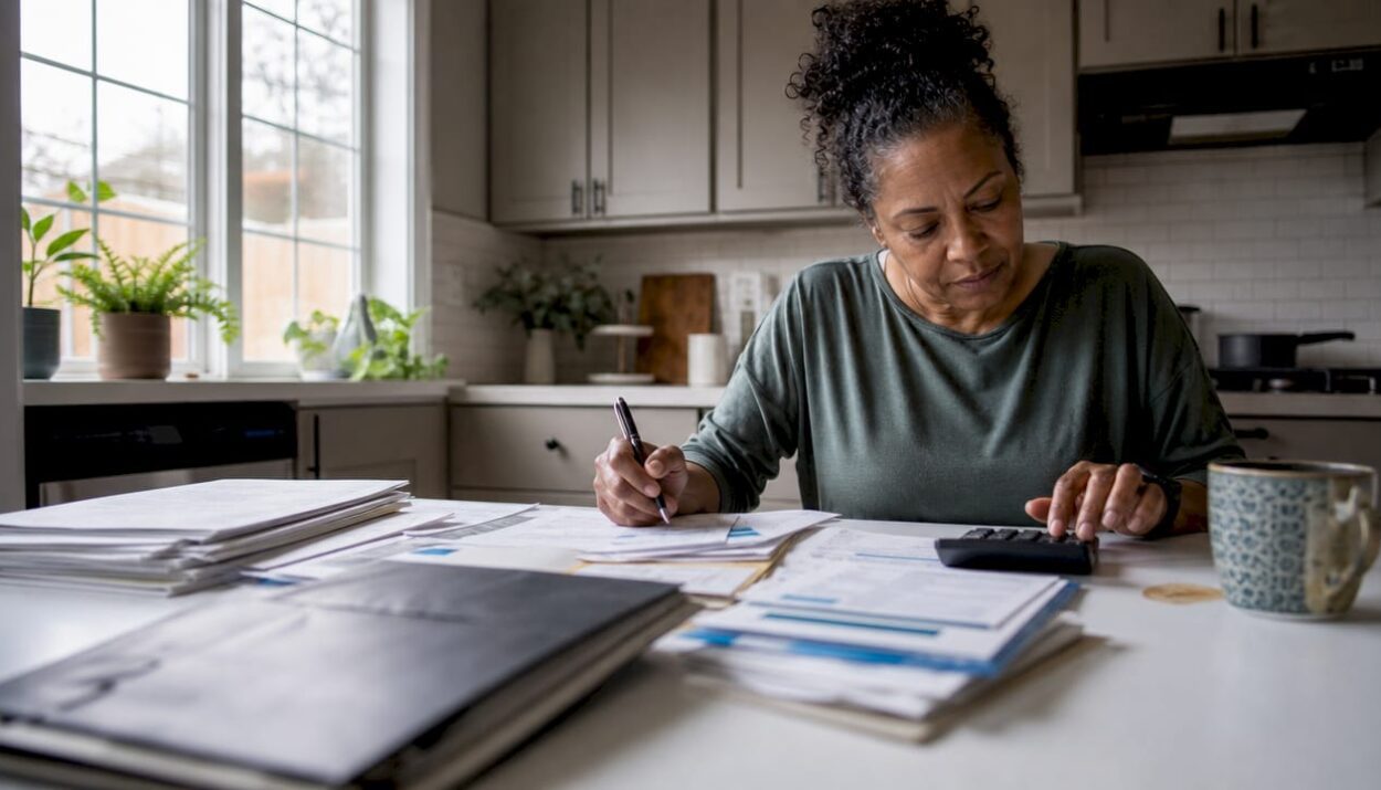 Woman reviewing financial documents at desk