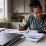 Woman reviewing financial documents at desk