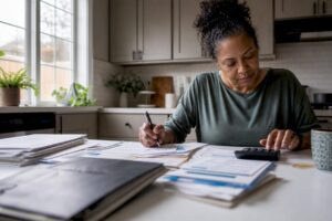 Woman reviewing financial documents at desk