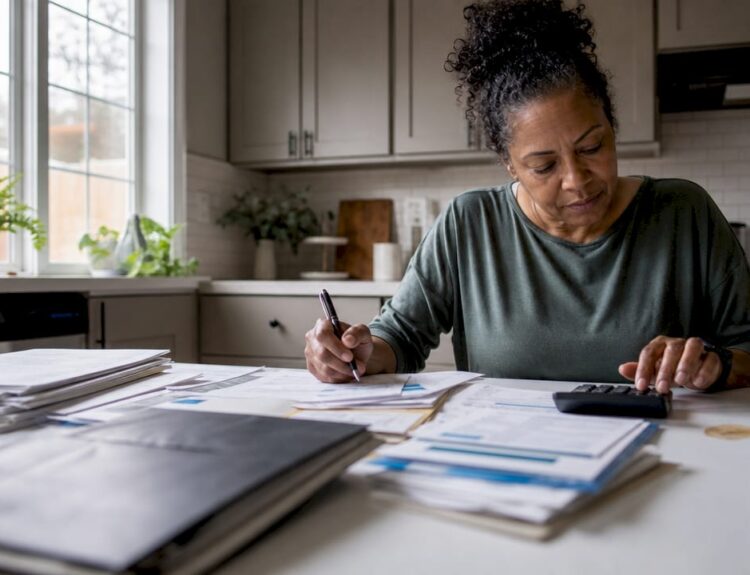 Woman reviewing financial documents at desk